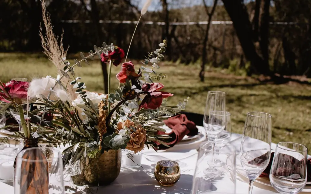 A brunch table with flowers