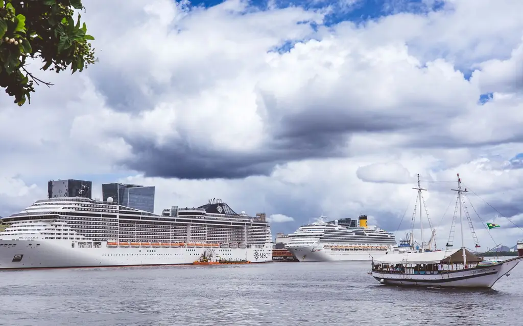 Cruise ships berthed at a busy port