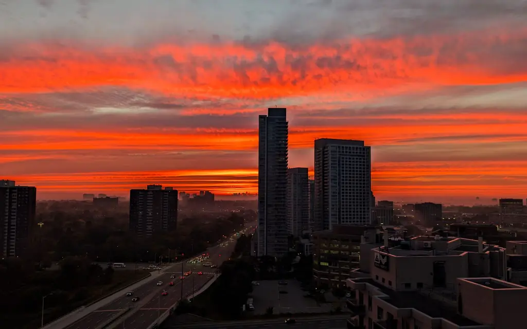City skyline at sunset