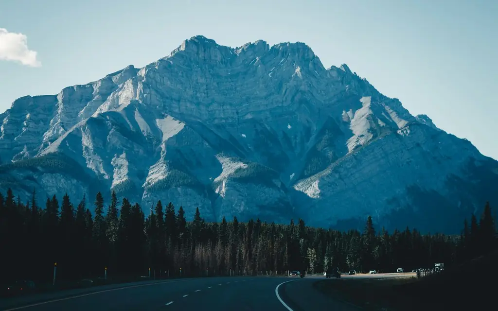 The highway approaching the Rockies near Banff