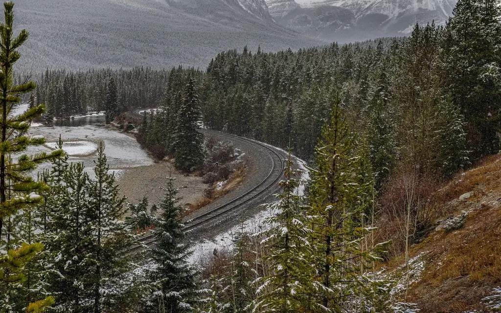 A railway curving through the mountains